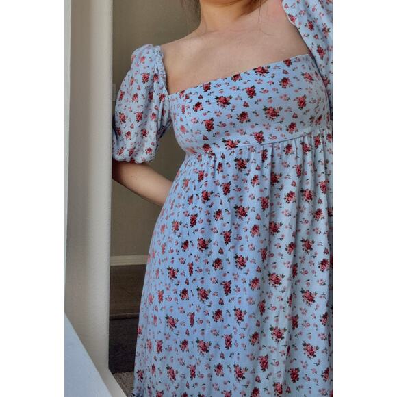 Reformation Bristol Blue Floral Puff Sleeve Smocked Mini Dress Petunia Sz Small - Picture 2 of 8